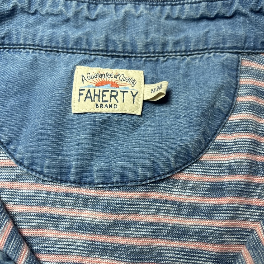 Faherty Polo Shirt Mens Medium Pink Blue Striped Short Sleeve Cotton - Picture 3 of 7